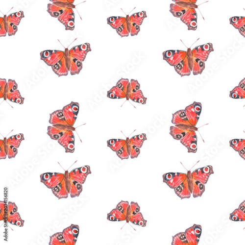 Seamless watercolor pattern with peacock butterflies in flight on white background. Hand painted airy repeat design for fabric, stationery and gift wrap