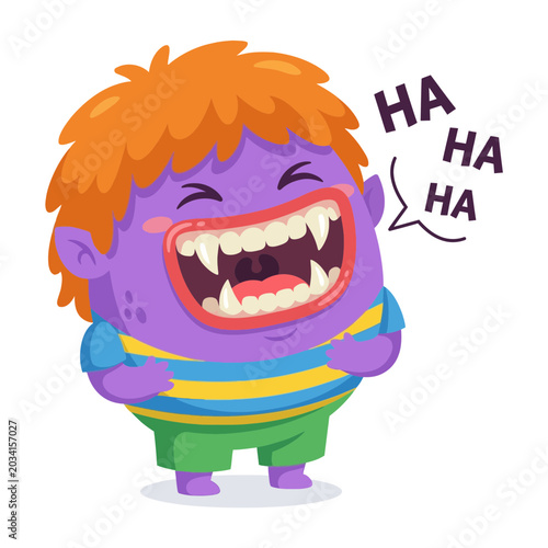 Photos Cartoon purple monster laughing loudly outside.