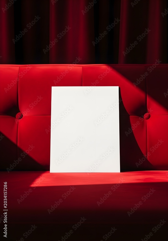 Obraz premium A white card standing on a red velvet couch in a dark room with a curtain