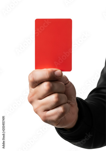 ultra close-up of a middle-aged male referee's hand in black uniform sleeve holding a vertical, bright red penalty card against a pristine high-key white studio background. concept of consequence and