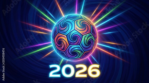 Vibrant abstract soccer ball design with colorful rays and the year 2026.