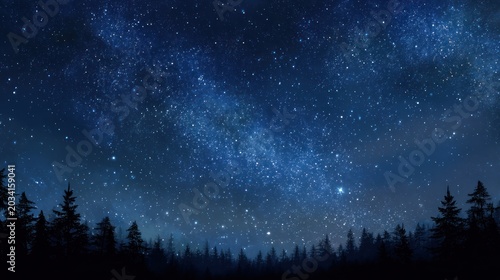 Night sky with aurora borealis over silhouetted trees artistic digital illustration