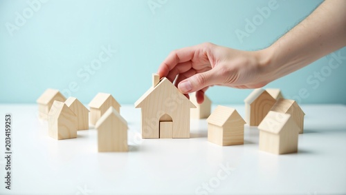 A hand selects a larger wooden house model from a group of smaller ones, symbolizing real estate choice, home selection, or property investment.