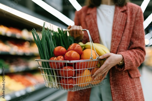 Woman holding grocery basket full of fresh fruits and vegetables for supermarket banner and healthy lifestyle background design