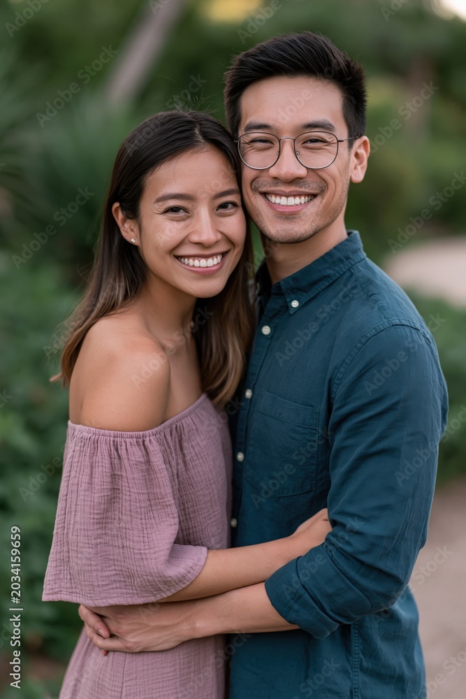 Fototapeta premium Happy couple standing close and hugging on path with greenery for engagement portrait and romantic lifestyle background