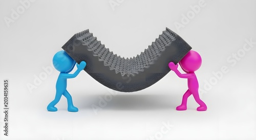 Two figures carrying a piece of dark grey convoluted foam