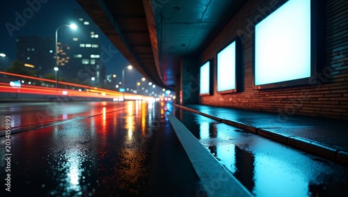 A moody urban night scene under an overpass, with wet, reflective pavement mirroring streaking vehicle light trails and city lights. 