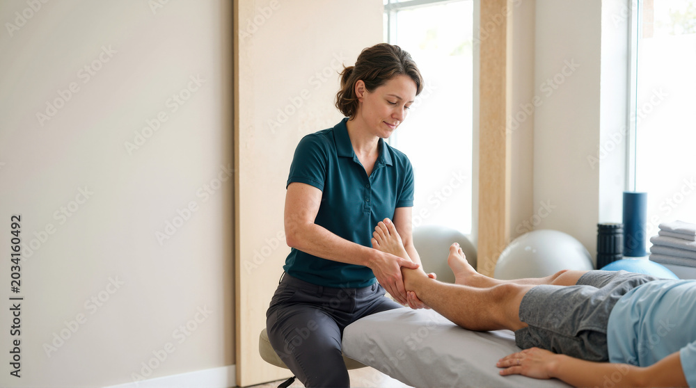 Obraz premium Therapist providing ankle treatment for physical therapy sessions, wellness blogs, rehabilitation websites, and health education resources