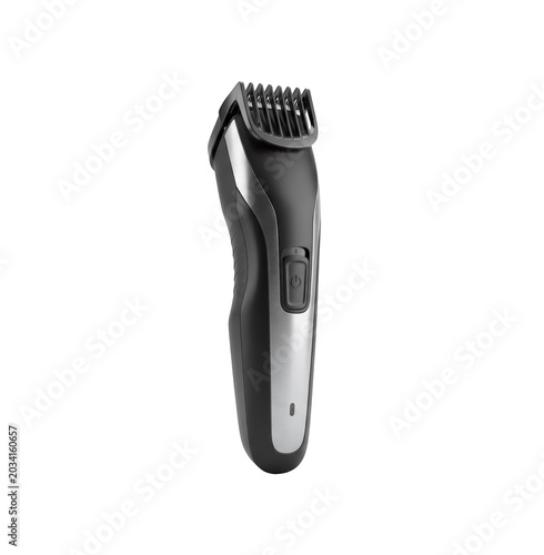 Professional electric hair clipper with adjustable comb, modern cordless beard trimmer for male grooming, black and silver hair cutting machine isolated on Transparent Background
