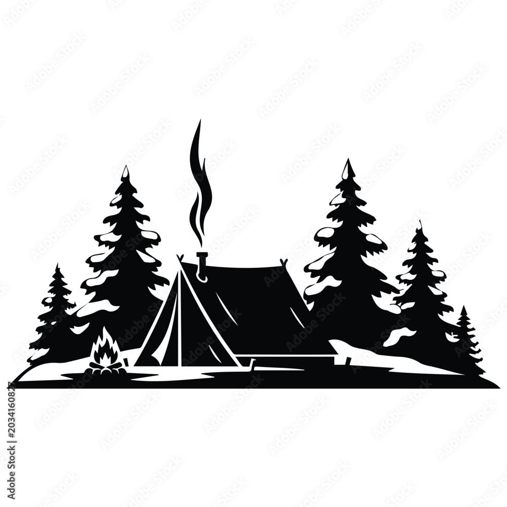 Obraz premium Forest campsite vector silhouette illustration with tent, trees, and campfire, cozy scene.