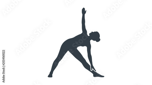 Fotografie Woman performs a triangle yoga pose in a minimalist silhouette style on a plain white background