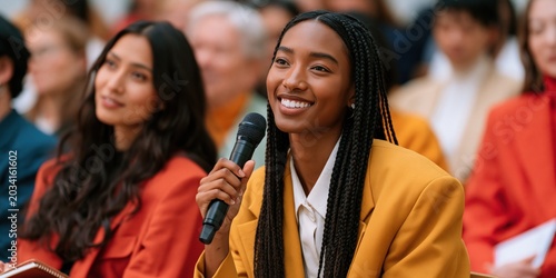 Audience member smiling and speaking into microphone in yellow blazer at conference for q a session and event banner background
