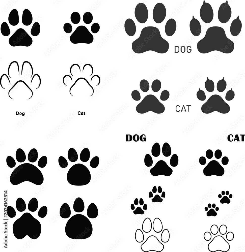 Fototapeta premium Vector set of dog and cat paw print silhouettes and line art icons isolated on white background for veterinary and pet design