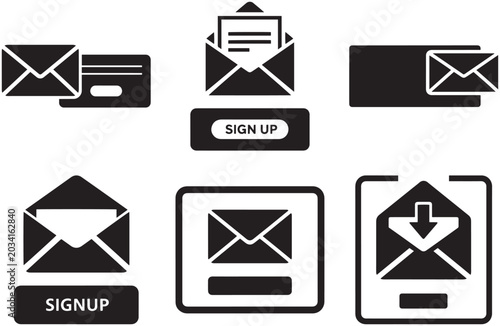 Email newsletter signup interface icons with envelope, subscription button, and message notification symbols for web and mobile design