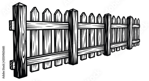 Fotografía Vintage wood picket fence illustration black and white engraving style