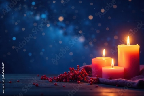 Close-up banner header with starry night backdrop and glowing candles , copyspace, image