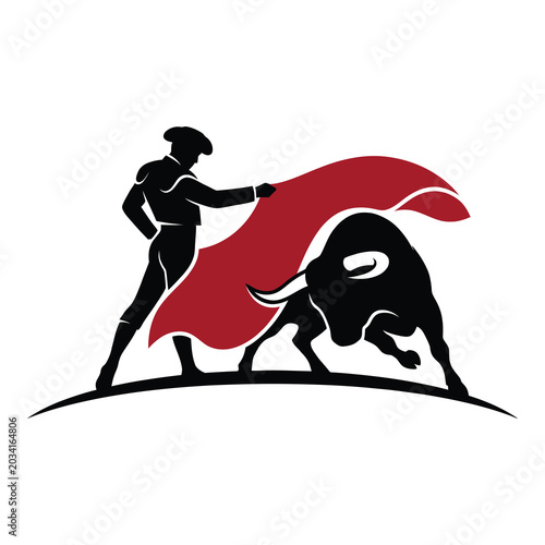 Matador and bull in a bullfighting scene with red cape icon