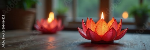 Double glass lotus candleholders burning, yoga room setting, balance, relaxation, mindfulness
