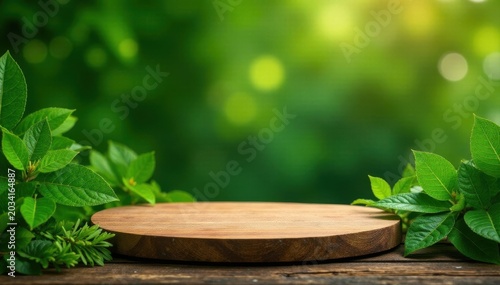 Elevated wooden platform, lush greenery, cosmetic presentation,  podium,  leaves