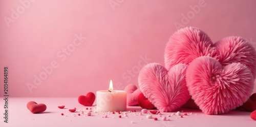 Fluffy heart pillows, candles, sprinkles on pink Valentine's Day backdrop , february, cute