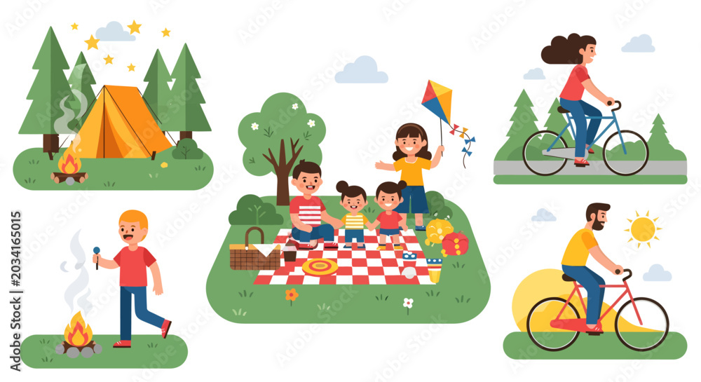 Fototapeta premium Collection of diverse illustrations depicting happy families and individuals enjoying various outdoor summer activities like picnics, camping, and recreational cycling amidst nature's beauty