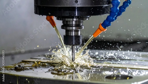 The CNC milling machine works. Coolant and lubrication in the metalwork
