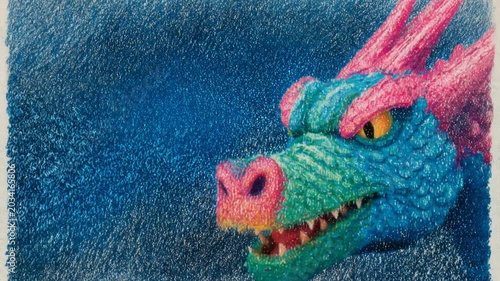 Mythical colorful dragon breathing fire in a stop motion animation with a textured drawing style