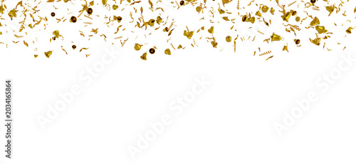 Golden Confetti Falling on White Background Celebrating Festive Occasions and Joyful Events with Elegant Sparkling Decorations