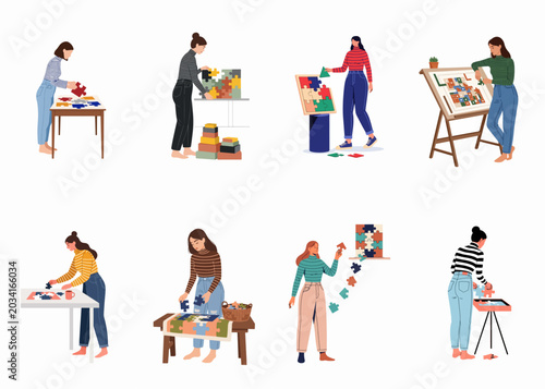 Illustration set of young women solving various types of jigsaw puzzles in different indoor settings.