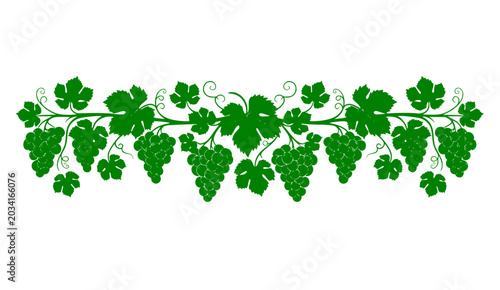 Grapevine border graphic black silhouette with clusters of ripe grapes and leaves isolated
