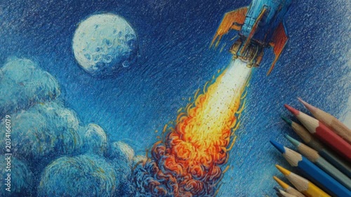 Stop motion animation showing a rocket ship launching into space, hand drawn with colored pencils