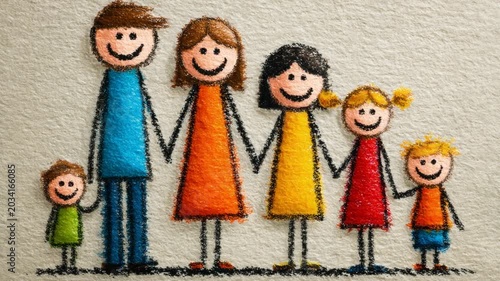 Naive kid's crayon drawing of a smiling family holding hands on paper background