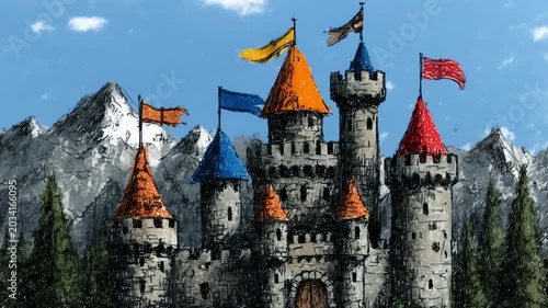 Animated hand-drawn castle with colorful flags waving in the wind against a mountain backdrop