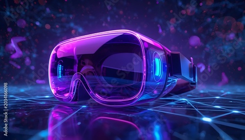 Glowing neon purple and electric blue 3D VR headset icon on futuristic background
