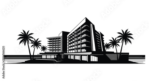 Tableau sur toile Modern resort hotel illustration with palm trees black and white vector