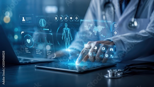 Doctor Using Digital Tablet with Health Data and Medical Graphics Visualization