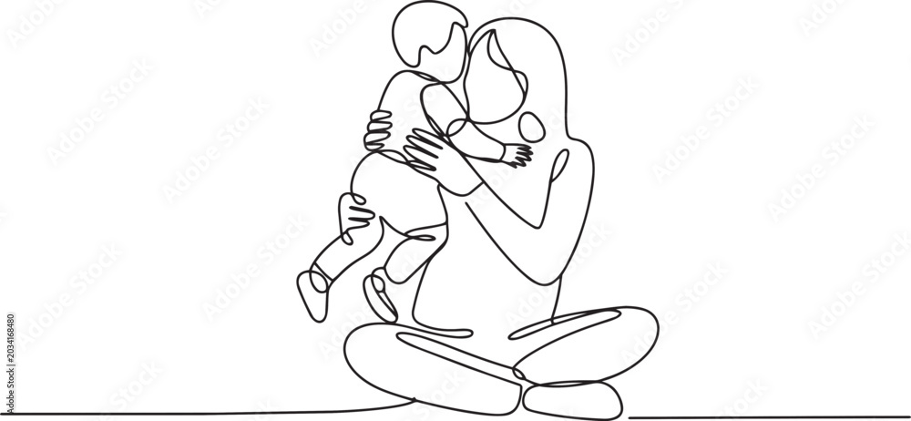 Fototapeta premium Continuous line drawing of a mother holding her baby sitting on the floor