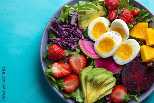 Nutritious Rainbow Salad: Vibrant Composition of Avocado, Strawberries, Boiled Eggs, Mango, Beet and Red Cabbage on Blue Background, Healthy Lifestyle Still Life