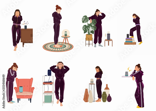 Canvas Print Set of illustrations depicting a woman showing frustration and annoyance while using a smart speaker in various domestic settings