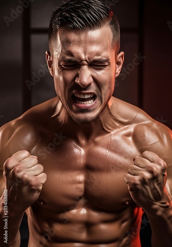 Intense Male Bodybuilder Showing Power and Strength.