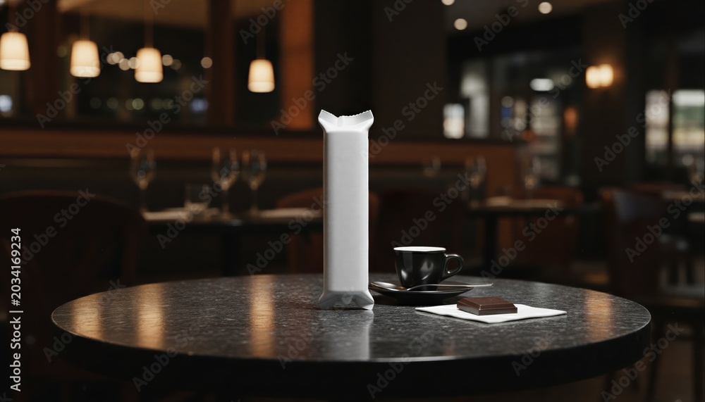 Obraz premium Sleek white cookie wrapper on dark marble table in moody bistro