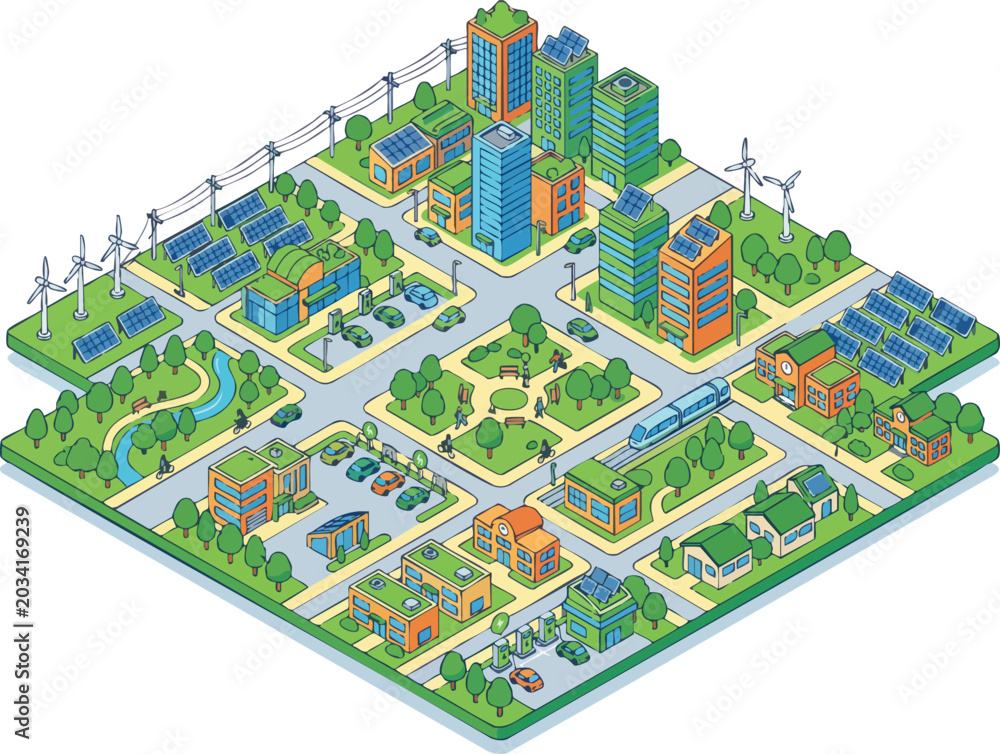 Fototapeta premium Sustainable Green City Isometric Vector Illustration