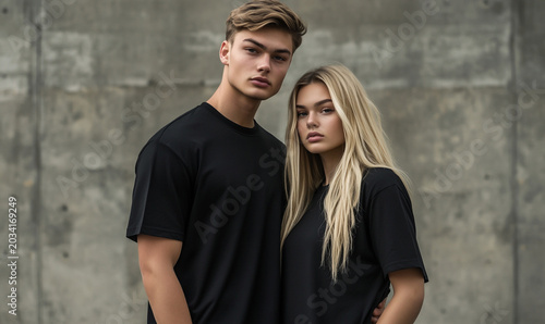 Stylish Young Couple Modeling Black T-Shirts Against Concrete Wall: Modern Casual Fashion, Urban Style, Portrait of Man and Woman, Trendy Look