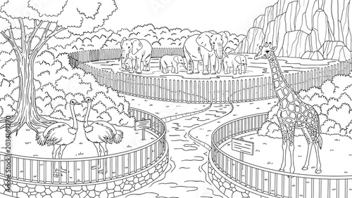 Photography Zoo park coloring page illustrates elephants giraffes and ostriches in fenced enclosures with river landscape for educational children activity book art
