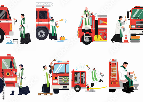Photos Catholic priest blessing a fire truck with holy water and incense, set of flat vector illustrations