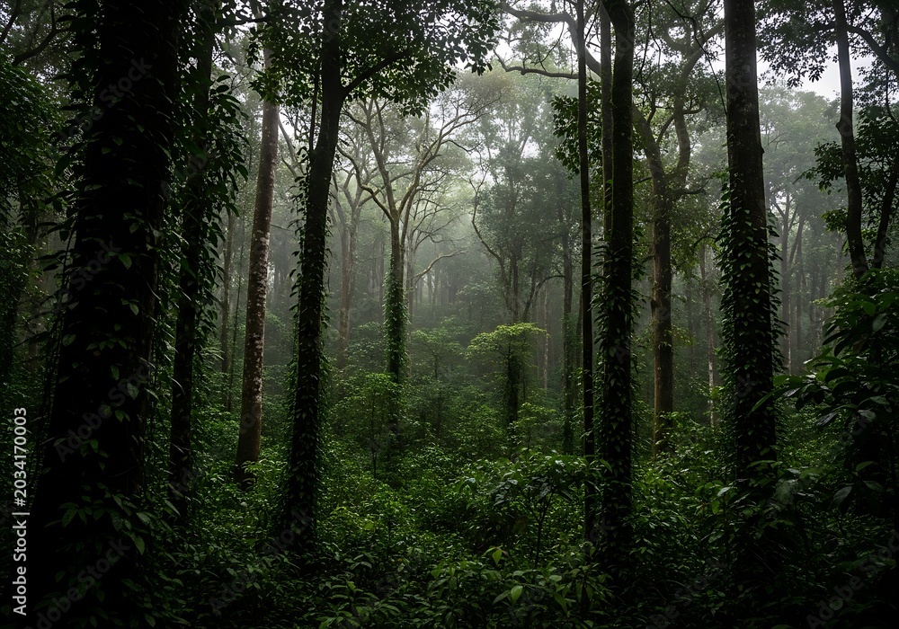 Fototapeta premium Misty Forest Scene with Tall Trees and Dense Vegetation.