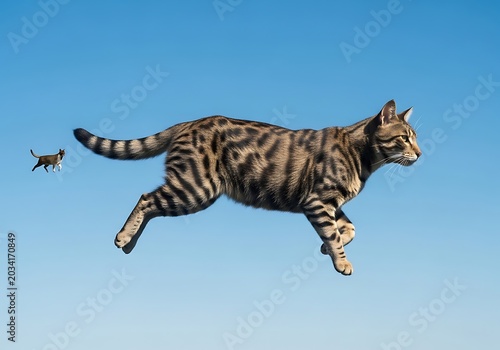 Leaping Bengal Tiger with Prey in Clear Blue Sky.