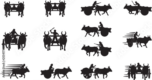 Schilderij op canvas Collection of black silhouettes of bullock carts with oxen and drivers from various angles