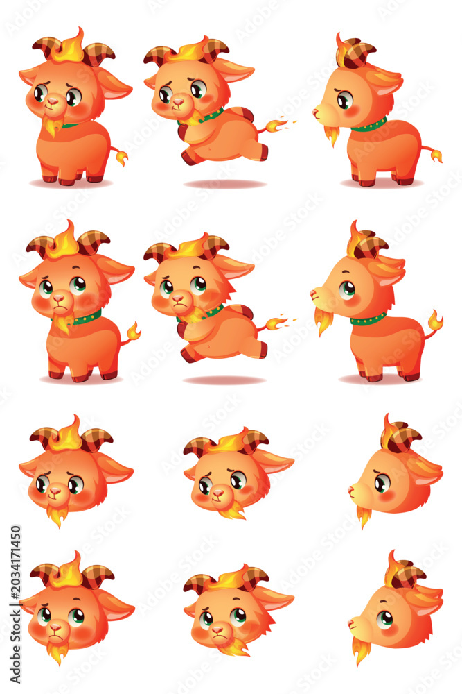 Obraz premium Cute Fire Goat Character Shy and Thinking Actions Set, Chinese Zodiac New Year Cartoon Mascot copy