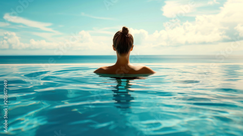 Woman relaxing in infinity pool overlooking serene turquoise ocean and horizon. Peaceful wellness and luxury travel concept with calm water and scenic sky.